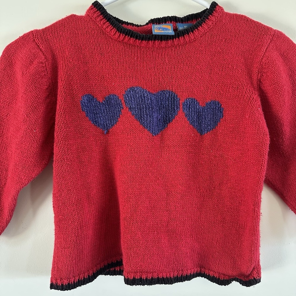VTG URIT 4T Girls Red Heart Knit Sweater Valentines 90s Cottagecore Colorblock - Picture 2 of 10